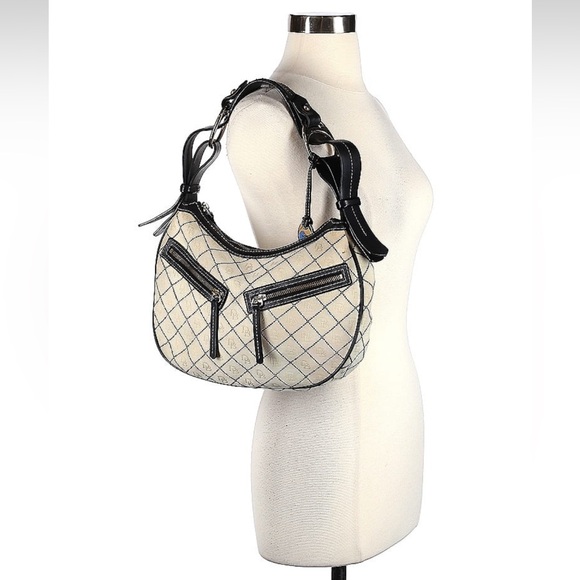 Dooney and Bourke Cream And Black Leather Monogram Hobo Handbag Vintage - Picture 2 of 6